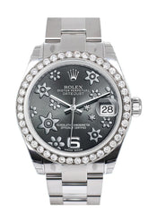 Rolex Custom Diamond Bezel Datejust 31 Dark Rhodium Raised Floral Motif Dial Oyster Ladies Watch